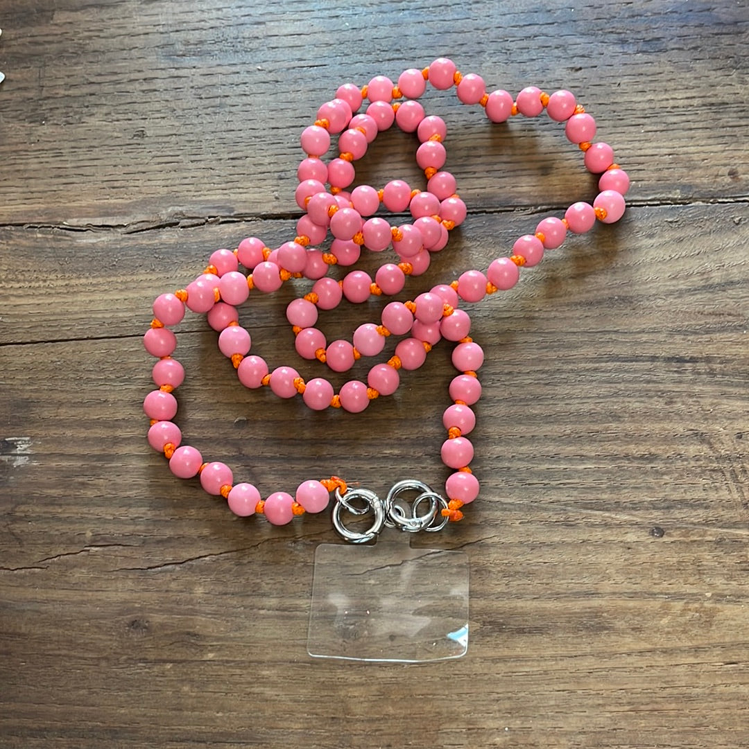 BANDOLERA DE MADERA para móvil ROSA con cordón NARANJA