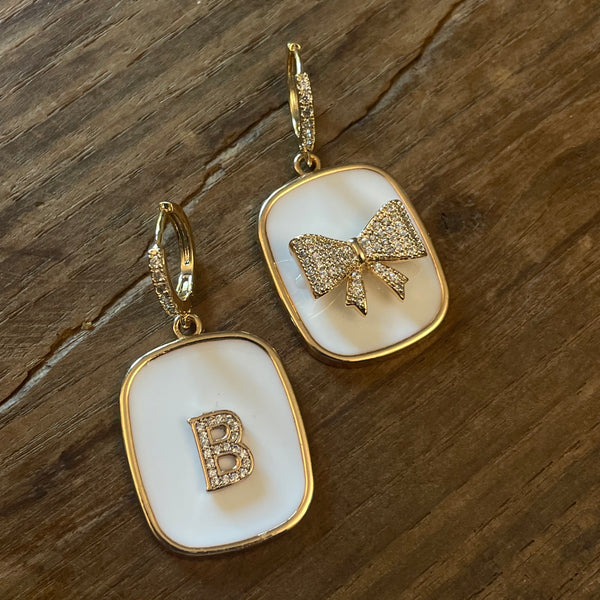 WHITE PLATE EARRINGS with letters and BOW